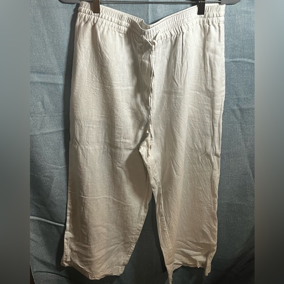 DKNY linen wide leg capri pants off white side pockets drawstring - Picture 3 of 8